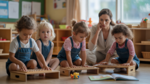 Scène réaliste d'une classe Montessori où quelques enfants travaillent de manière autonome tandis que certains semblent distraits, illustrant les limites de la méthode.